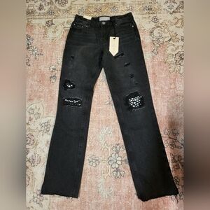 Ban Jara Distressed Embellished Black Mid-Rise Straight Leg Jeans Size 1 Junior